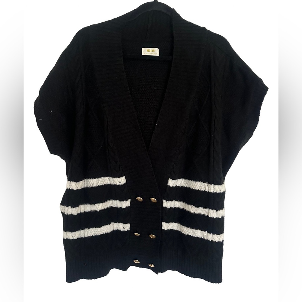 Maeve by Anthropologie Women’s Black Striped Short Sleeve Cardigan Sweater L‎